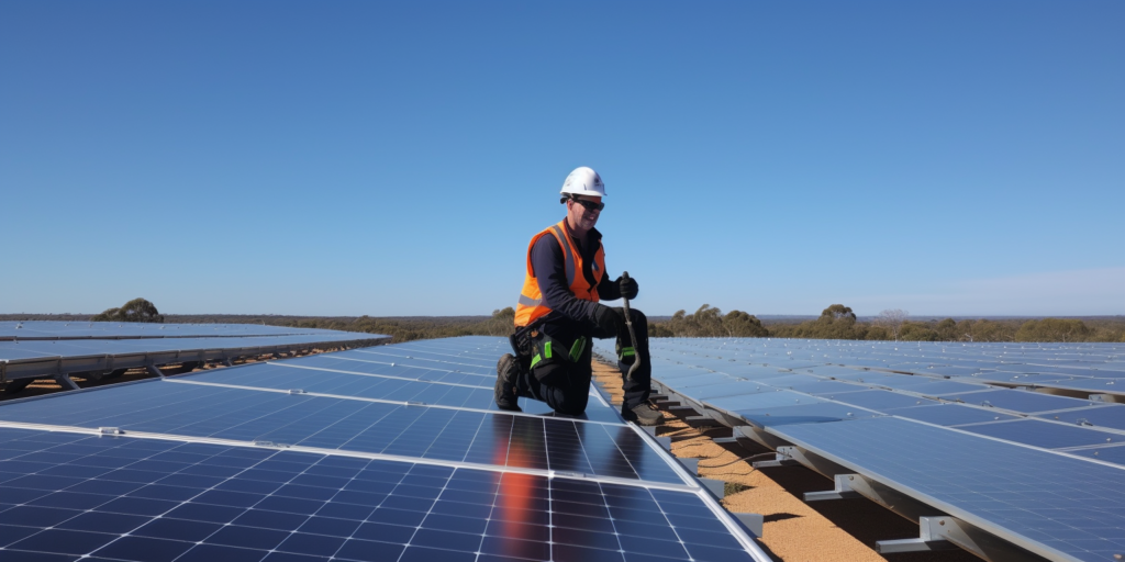 An array of solar panels under a clear blue sky with a person in safety gear inspecting and installing bird proofing measures