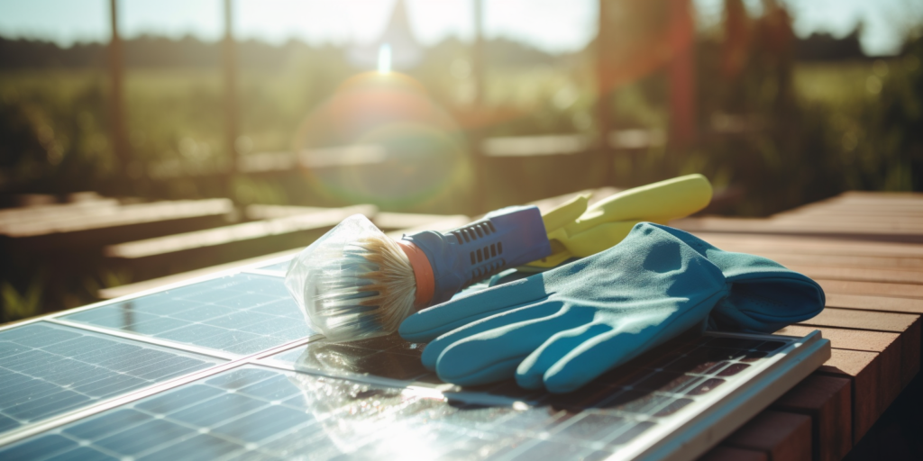 a clean, efficient solar panel under a bright sun, surrounded by tools like soft brushes, soapy water, and protective gloves indicating maintenance best practices