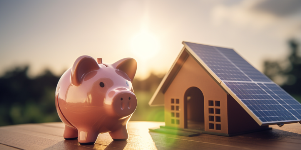 a piggy bank with an energy-efficient house, with solar panels