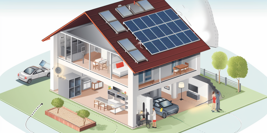 a residential house with solar panels on the roof, a sun shining, a gauge indicating high energy savings, and a family happily enjoying power-efficient appliances