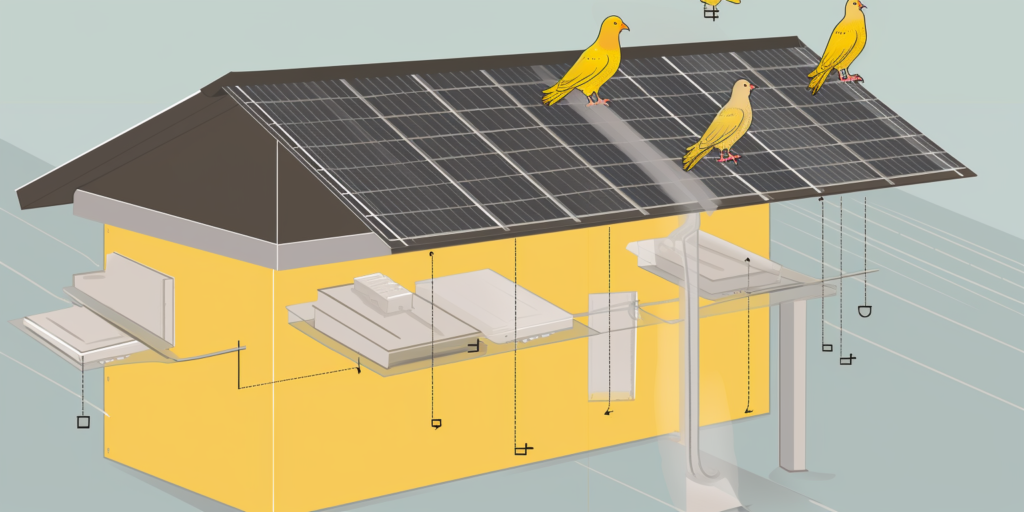 a solar panel array with birds perched and nesting