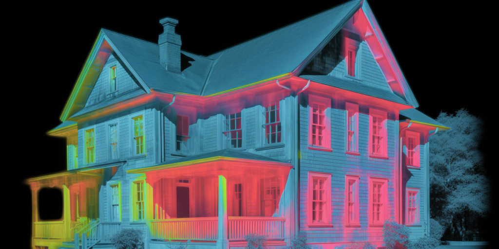  a thermal image of a house with highlighted areas indicating energy leaks, like around windows, doors, and the roof