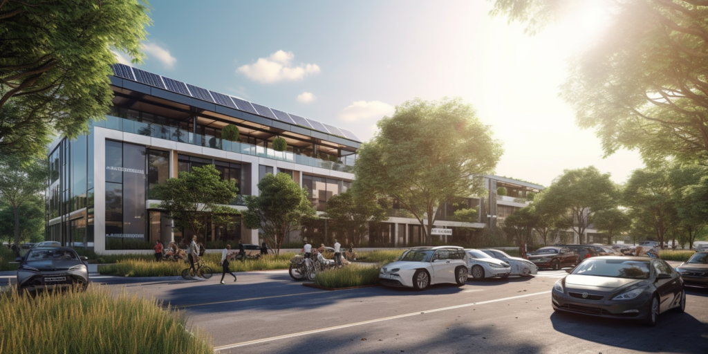 a thriving business building covered with gleaming solar panels, surrounded by lush greenery, under a bright sun, with happy employees using electric cars in the parking lot