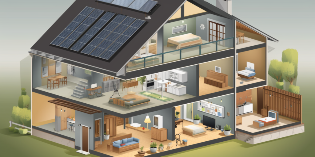 an eco-friendly home with visible insulation, solar panels, LED lights, energy-efficient appliances