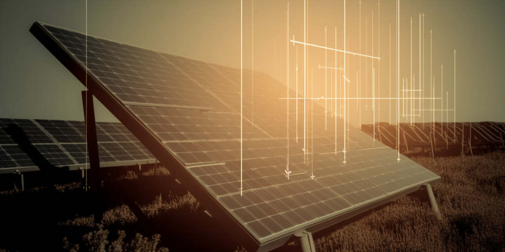 an image featuring a sunlit solar panel farm, and a graph in the foreground indicating technology