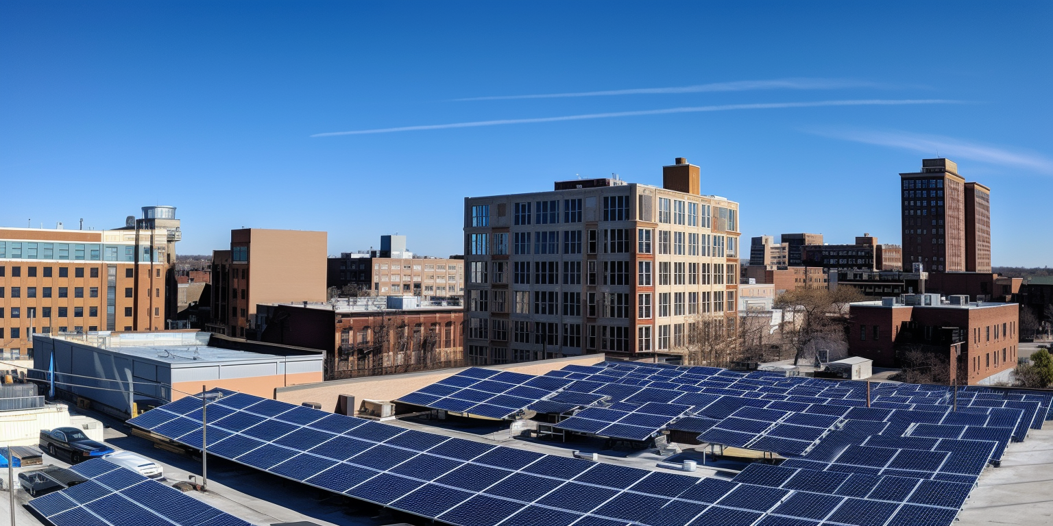 businesses with solar panels on rooftops, under a clear blue sky, with a sun shining brightly