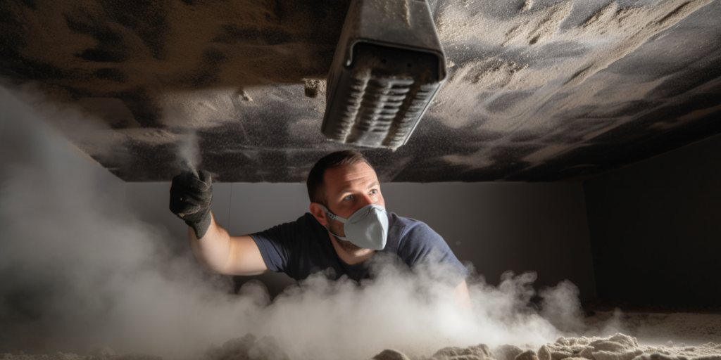 close-up of hands applying duct sealing tape on a leaking air duct, with visible air particles escaping before sealing