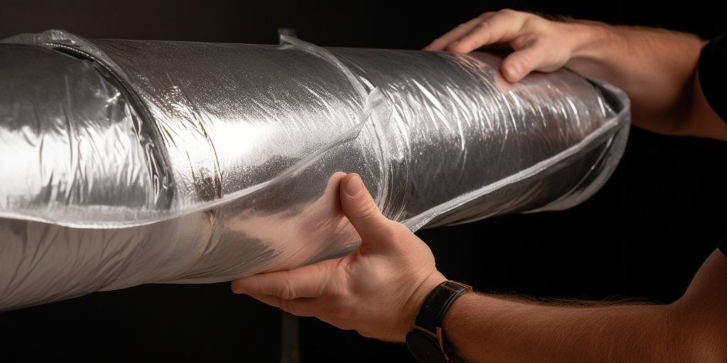 close-up of hands applying duct sealing tape on a leaking large air conditioner duct in an attic
