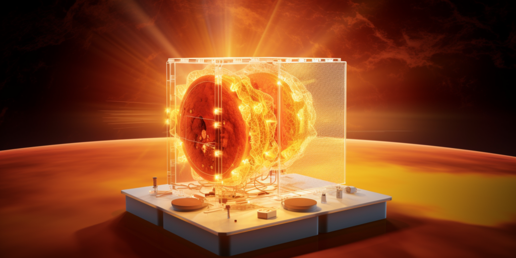 conceptual image with a dissected solar battery, showing layers of photovoltaic cells, energy storage compartments, and electrical circuits, against a background of a glowing sun