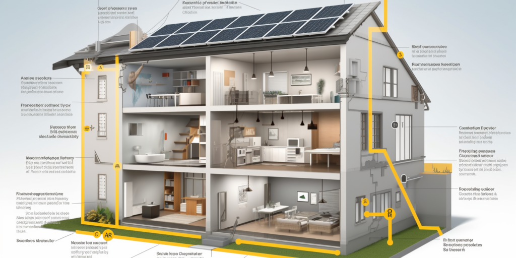 detailed cutaway diagram of residential solar panels absorbing sunlight, converting it into electricity