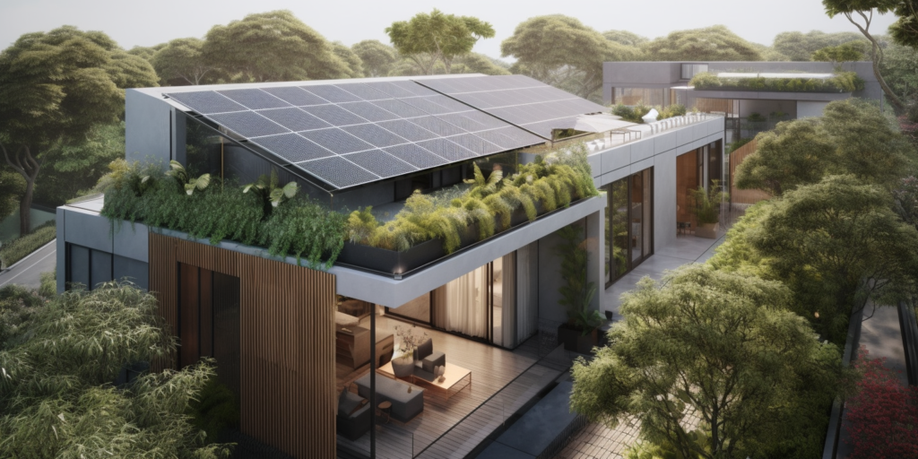 residential house with rooftop solar panels, surrounded by lush greenery