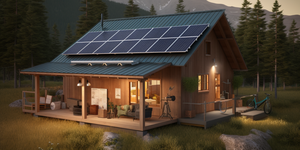 self-sufficient energy system in a remote, off-grid rural setting with a small cabin