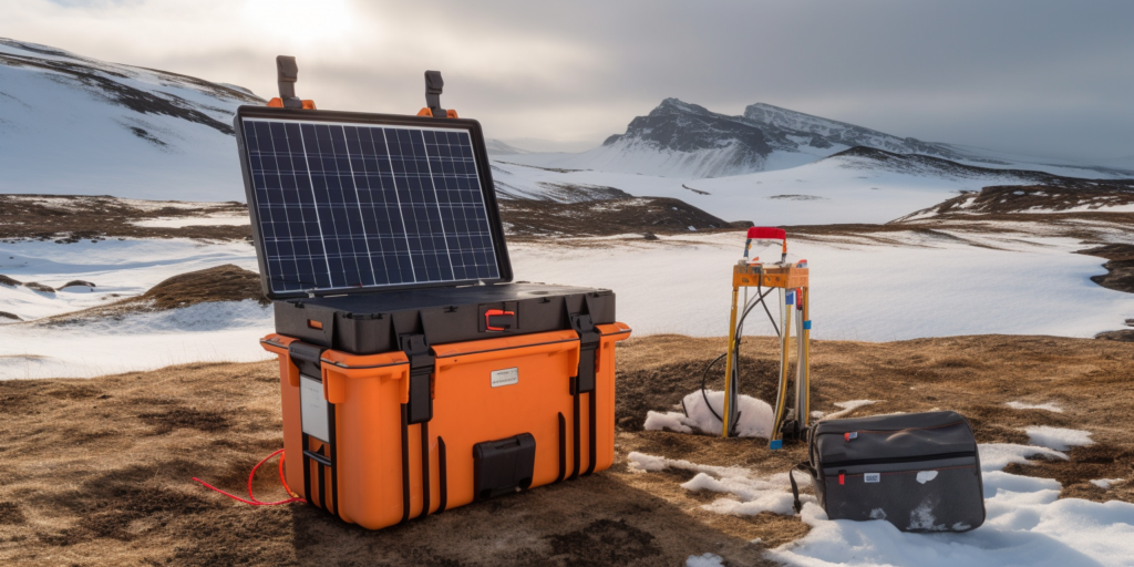 solar panel in a remote, rugged landscape, weather elements like wind and snow