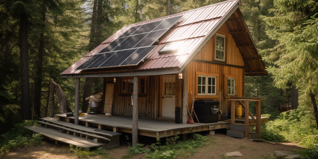 solar panels on a rustic cabin roof, amidst a lush, isolated forest