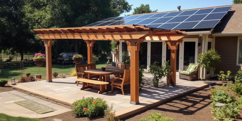 solar patio covers and gazebo with visible energy-efficient features, installed in a lush, landscaped backyard under a clear, sunny sky