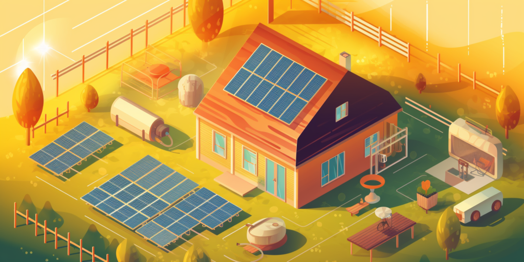 thriving homestead powered by a large solar panel array, with sun rays hitting the panels, surrounded by various appliances running smoothly